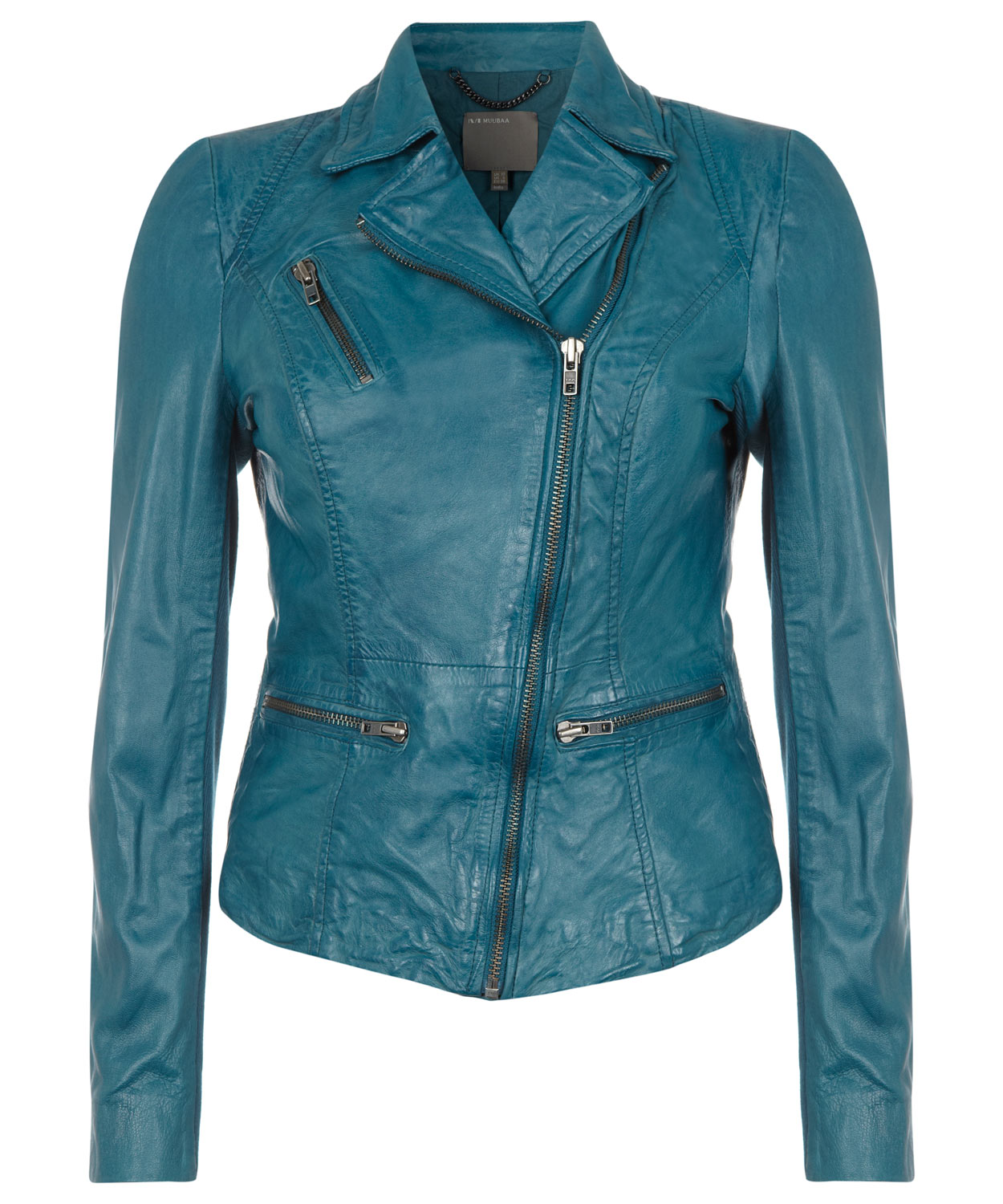 Muubaa Teal Ribbed Sleeve Leather Biker Jacket in Blue (teal) | Lyst