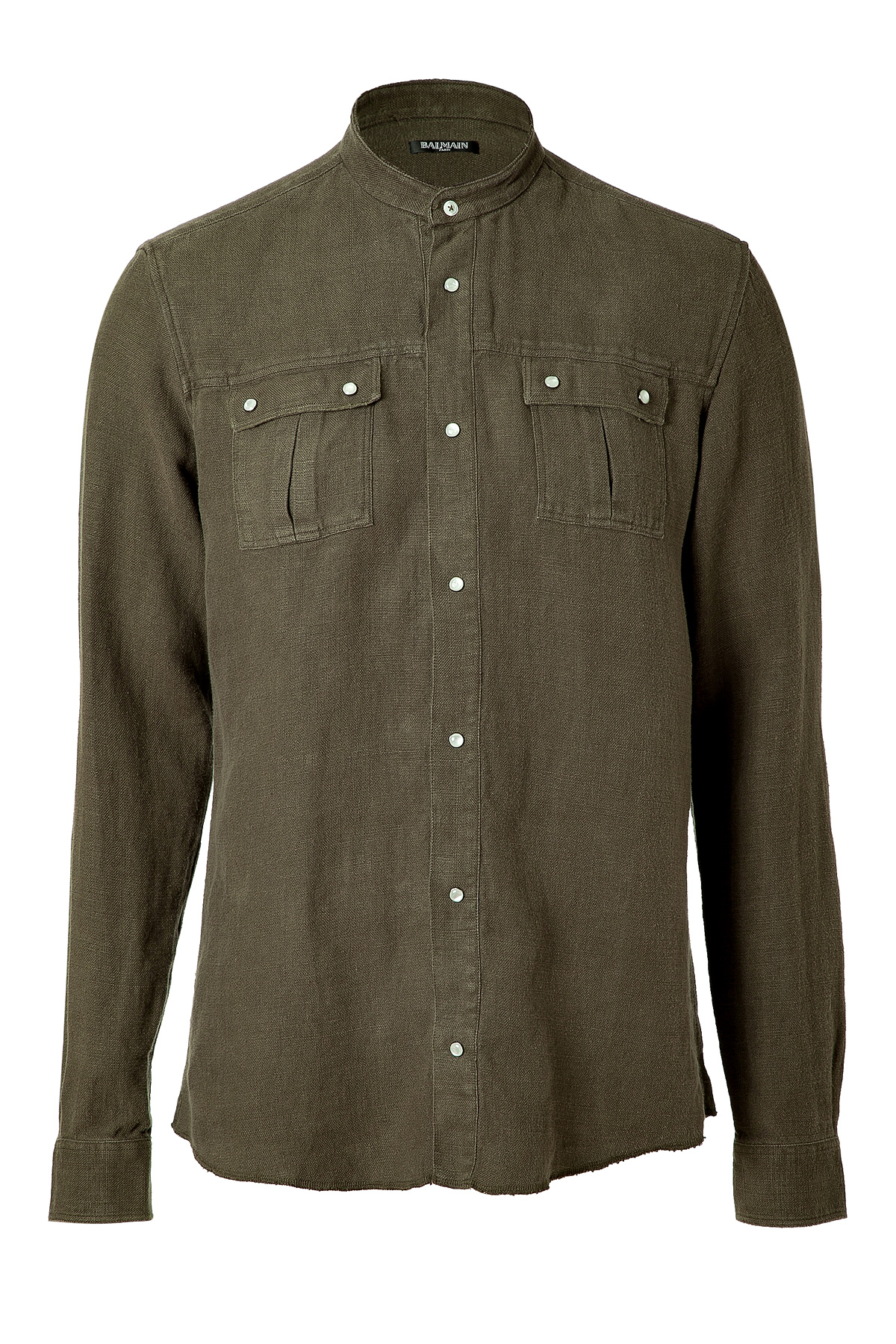 Balmain Linen Collarless Shirt in Khaki for Men | Lyst