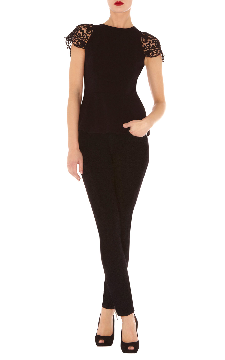 Karen Millen Lace Sleeve Peplum Top in Black | Lyst