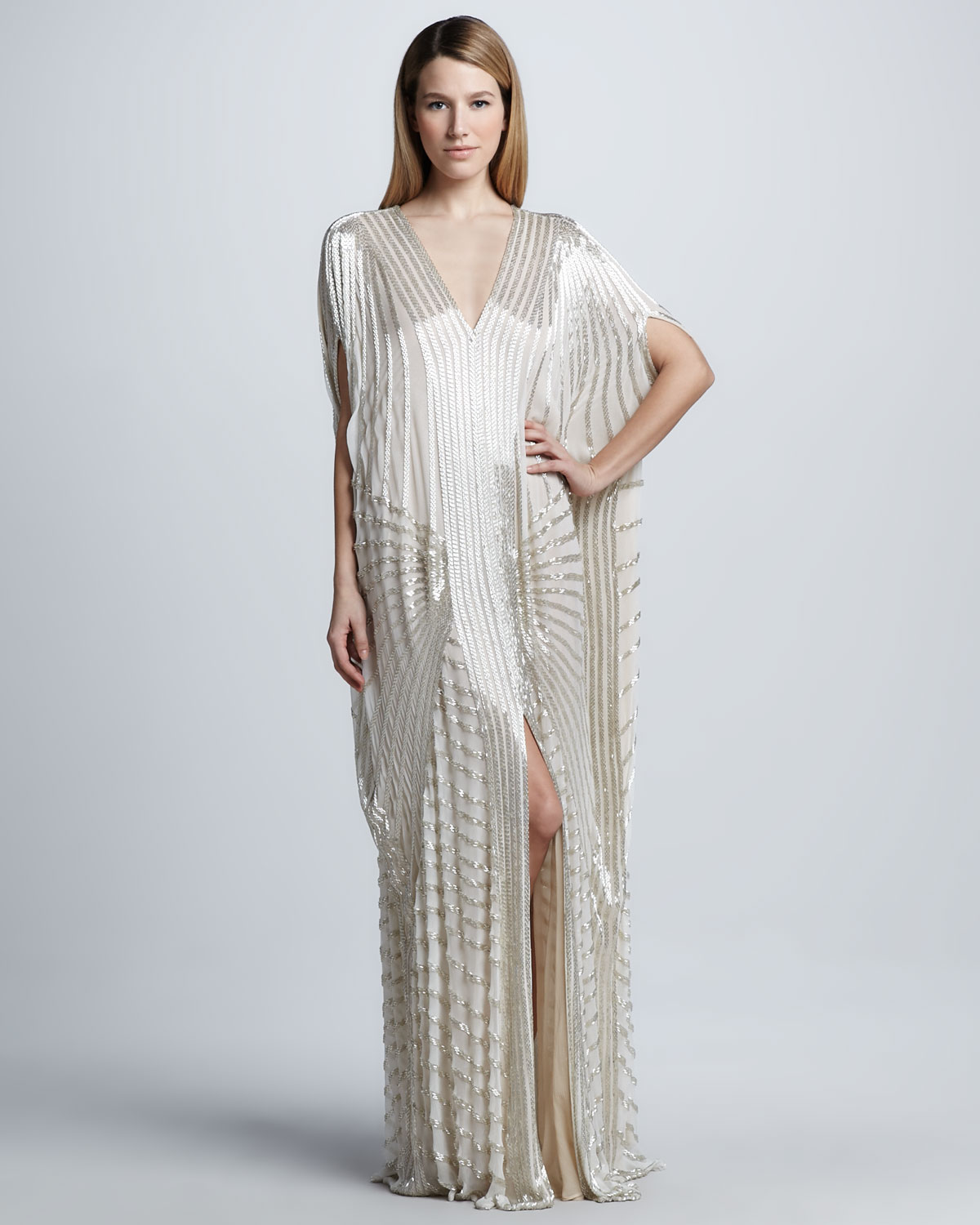 Naeem khan Sequined Dropwaist Caftan Gown in White | Lyst