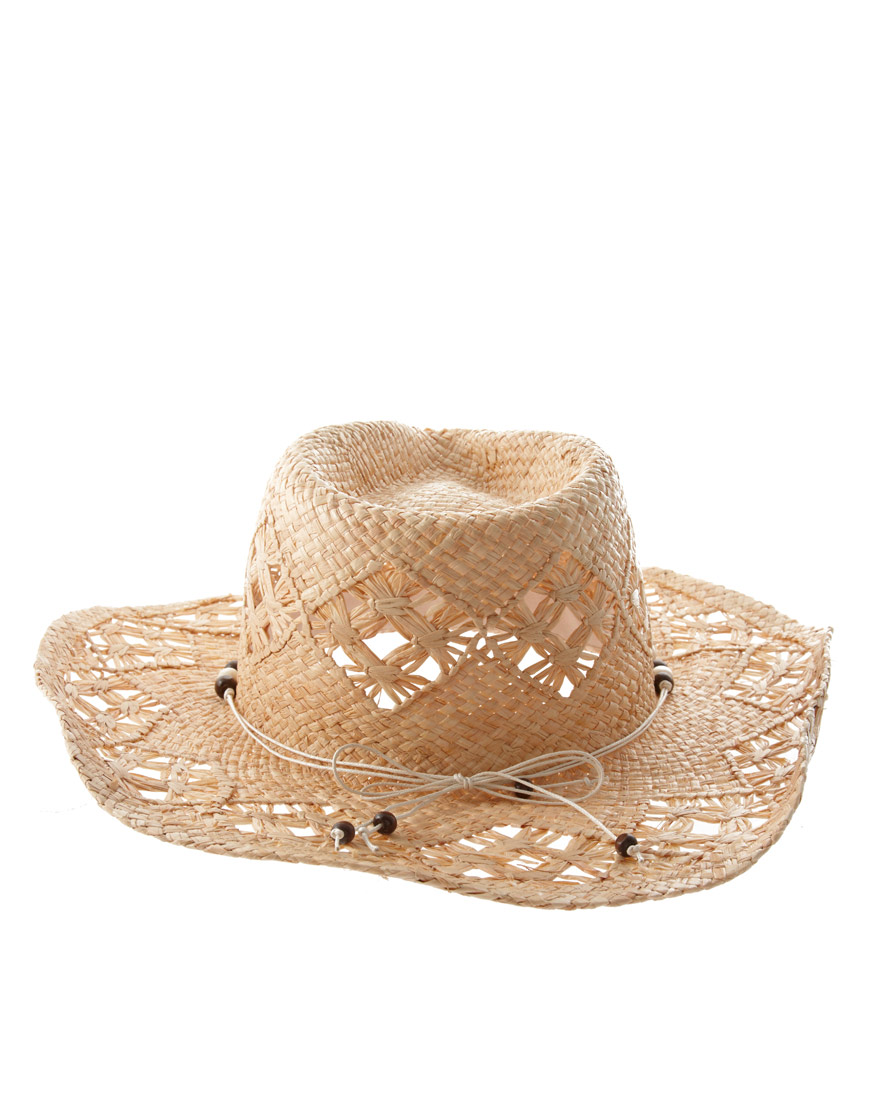 Lyst Asos Asos Open Weave Shell and Beaded Trim Straw Cowboy Hat in Brown