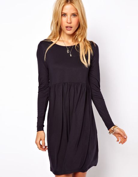 Asos Smock Dress with Long Sleeves in Blue (navy) | Lyst
