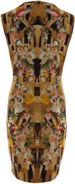 Alexander Mcqueen Gold Geometric Hummingbird Print Pencil-Dress in Gold ...