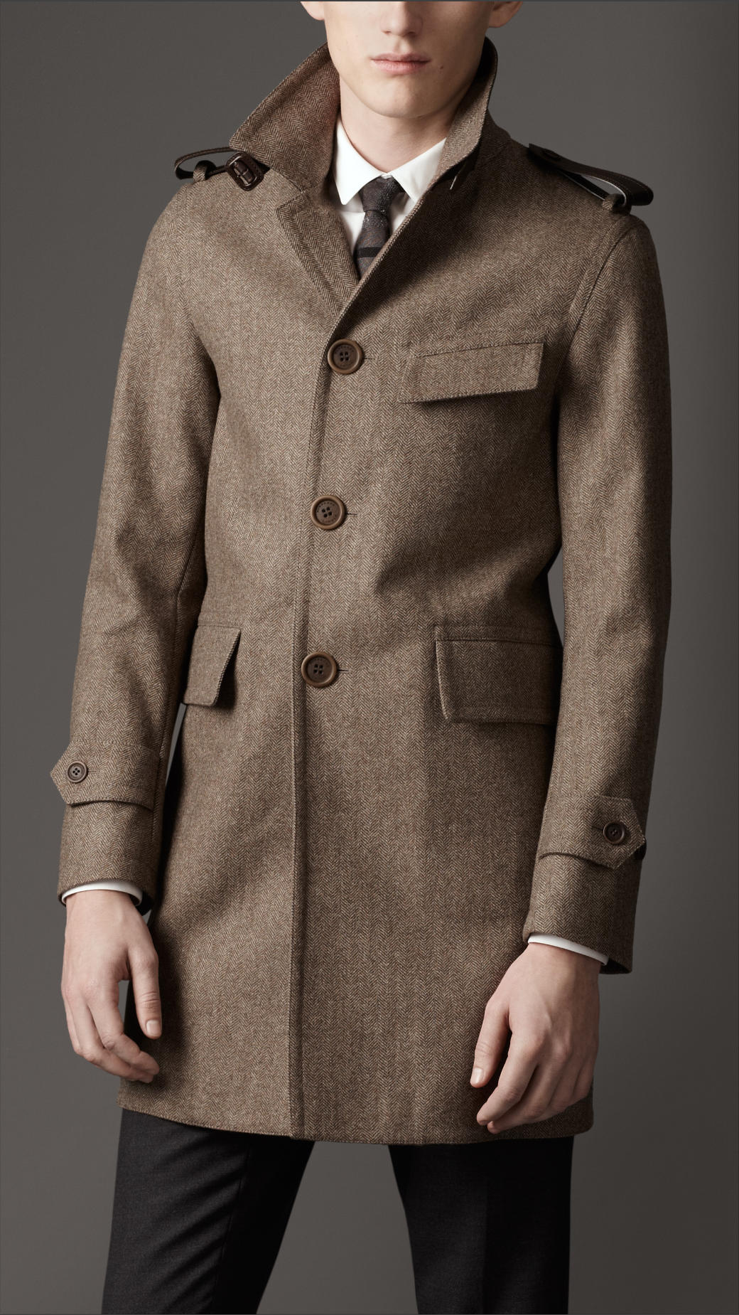 Burberry Leather Detail Herringbone Car Coat in Brown for Men | Lyst