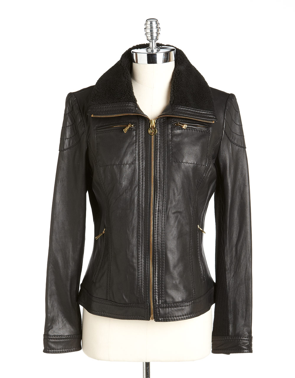 MICHAEL Michael Kors Sherpa Collar Leather Jacket in Black - Lyst