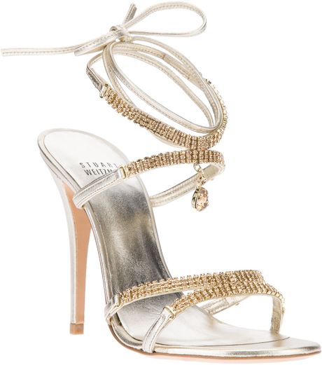 Stuart Weitzman Crystal Heeled Strappy Sandal in Gold | Lyst