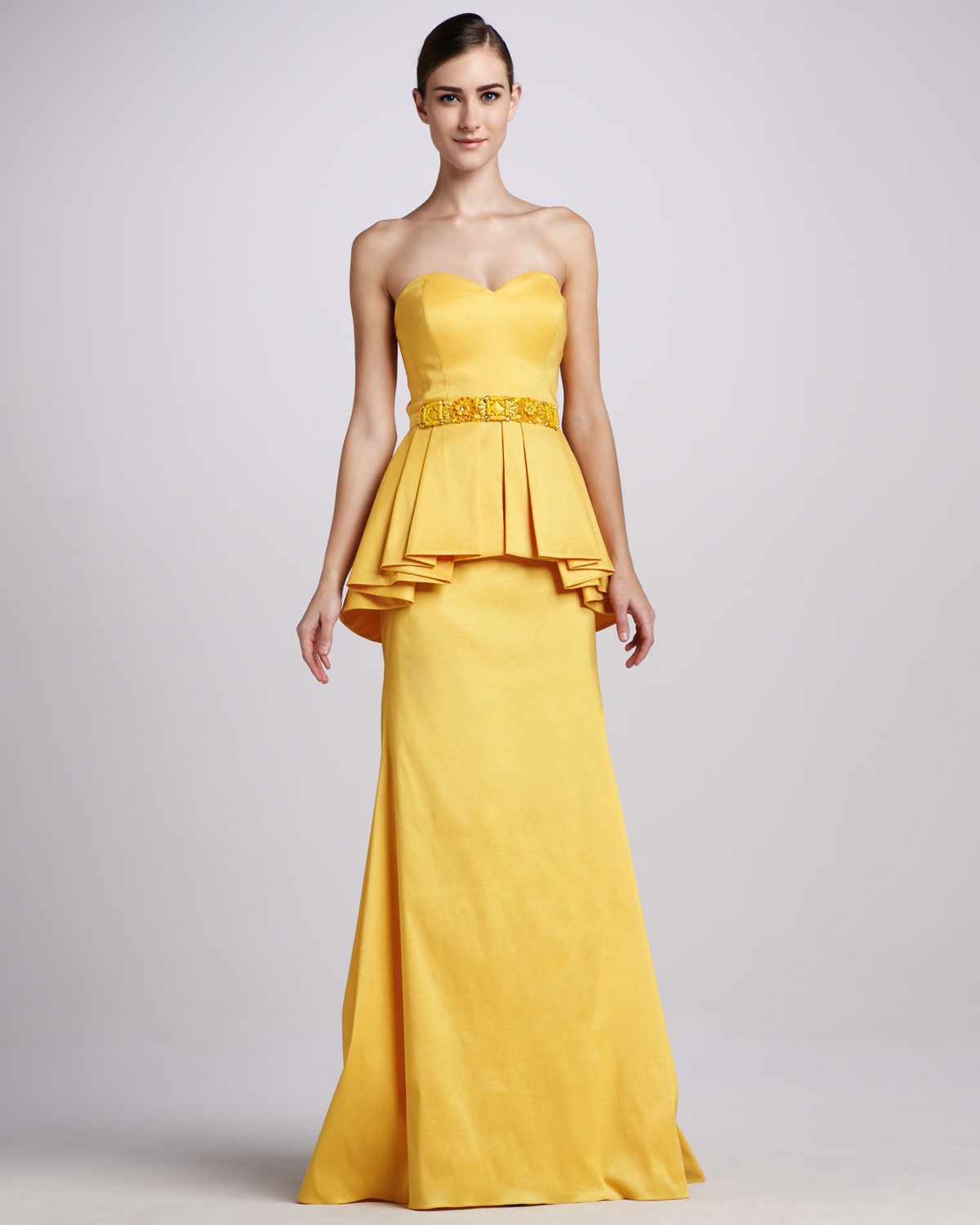 Lyst Badgley Mischka Strapless Peplum Gown With Beaded Waist In Yellow Gallery