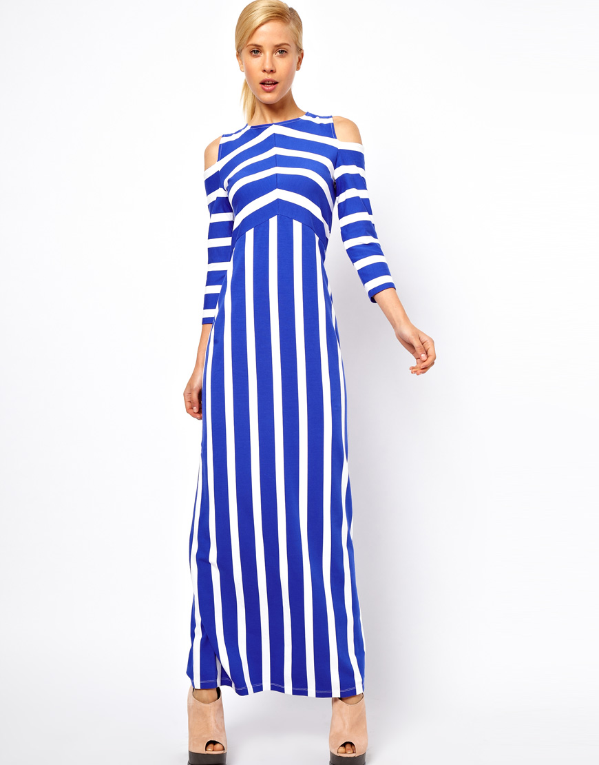 ASOS Maxi Dress with Cold Shoulder in Stripe Print in Blue - Lyst