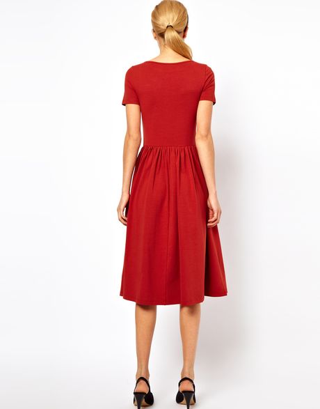 Asos Asos Midi Dress with Short Sleeves in Red | Lyst