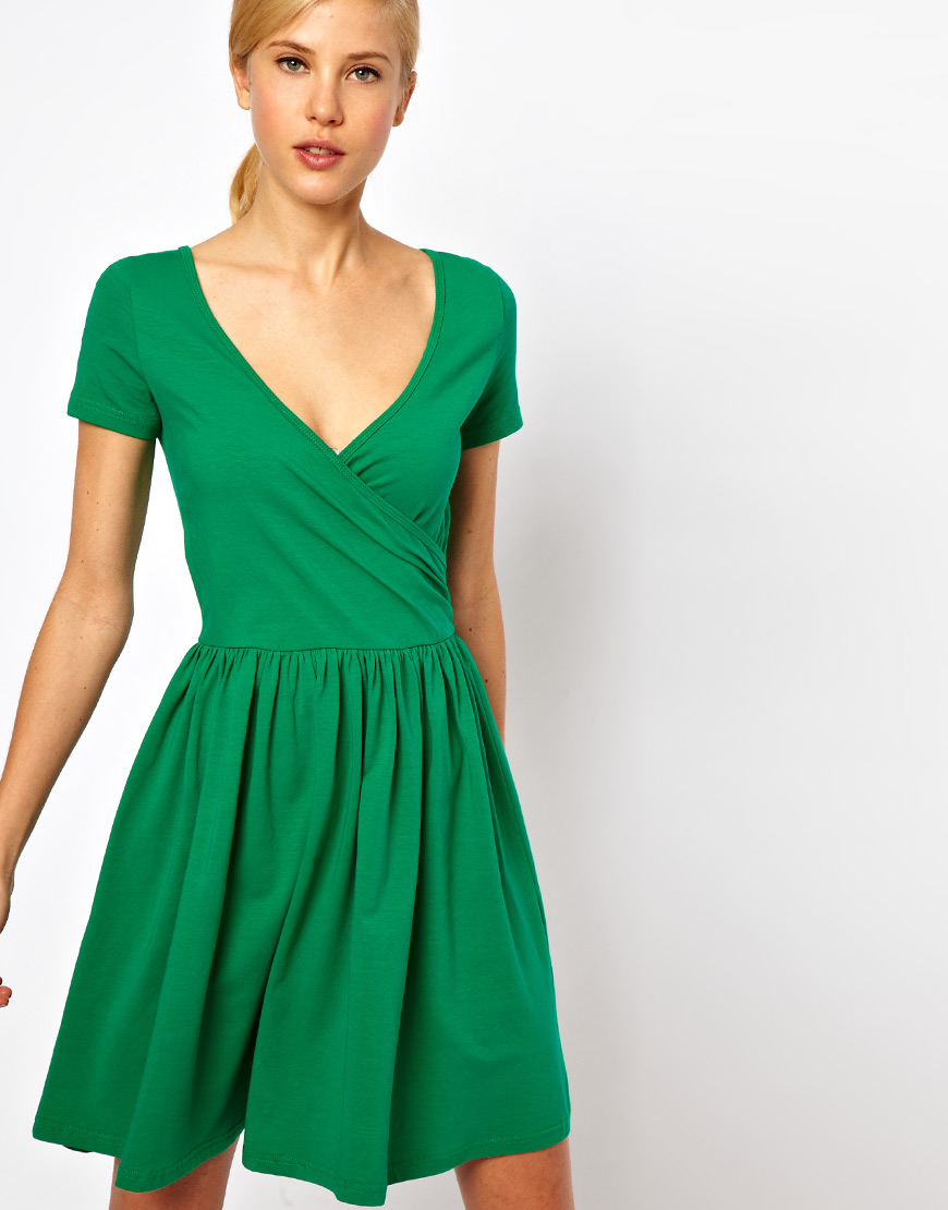 Asos Skater Dress with Ballet Wrap and Short Sleeves in Green | Lyst