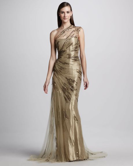 Monique Lhuillier Oneshoulder Tulle Gown in Gold | Lyst