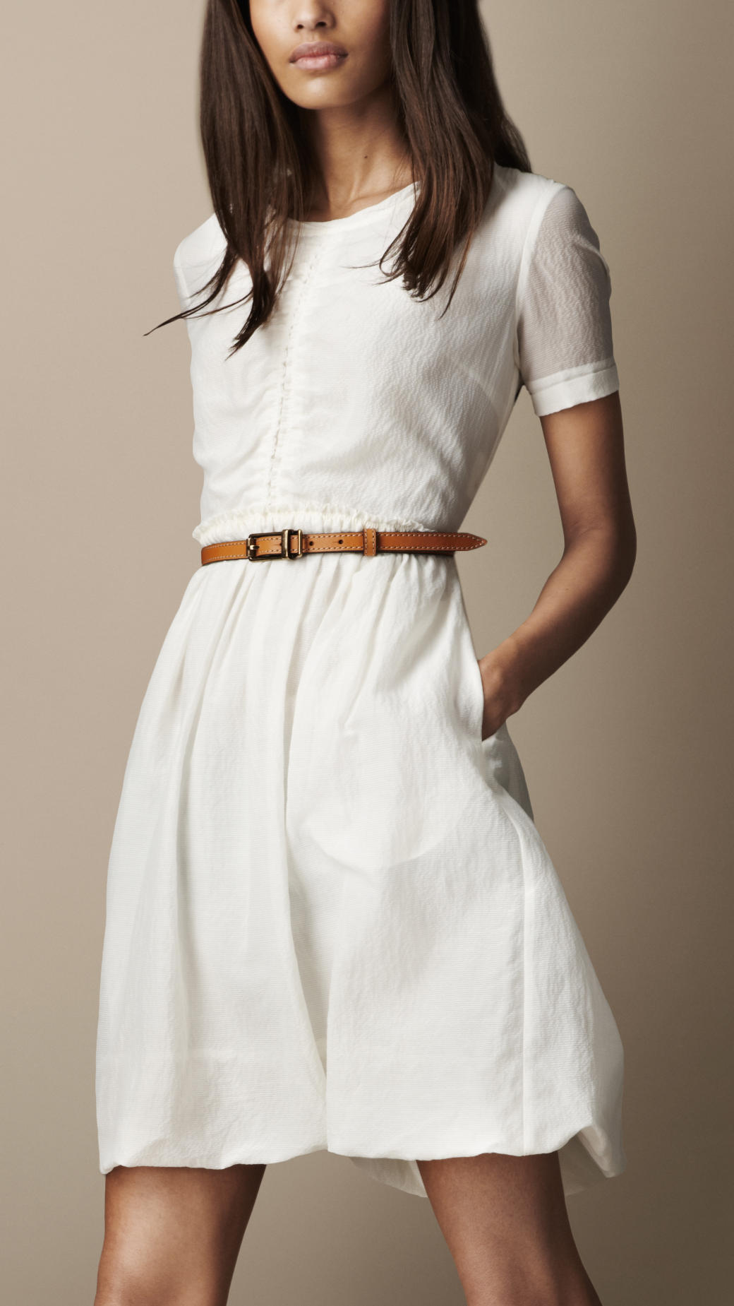 Burberry Brit Gathered Waist Silk Cotton Dress in White | Lyst