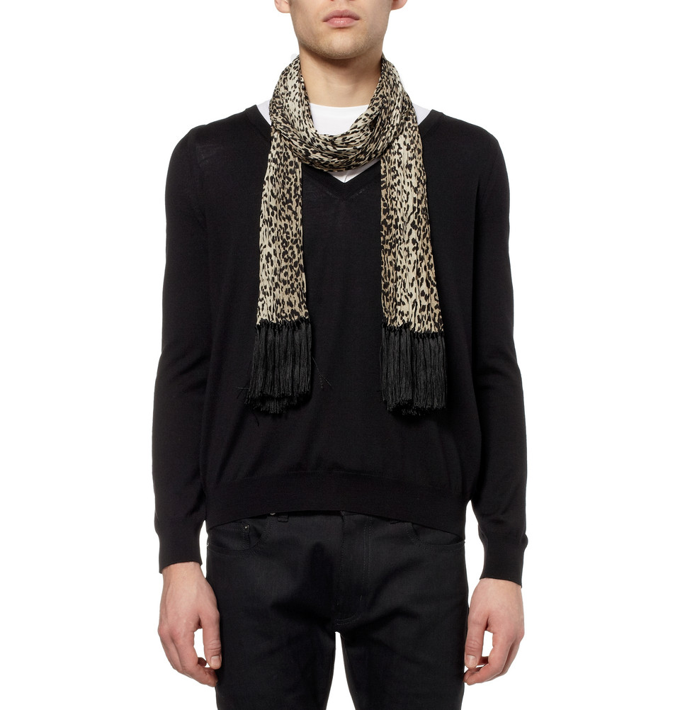 Saint Laurent Leopard Print Silk Scarf in Black (Natural) for Men - Lyst