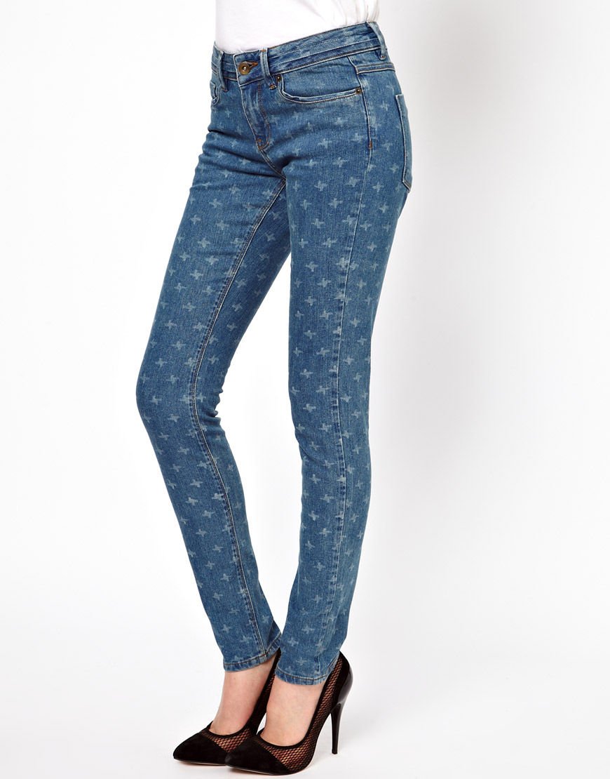 printed blue jeans
