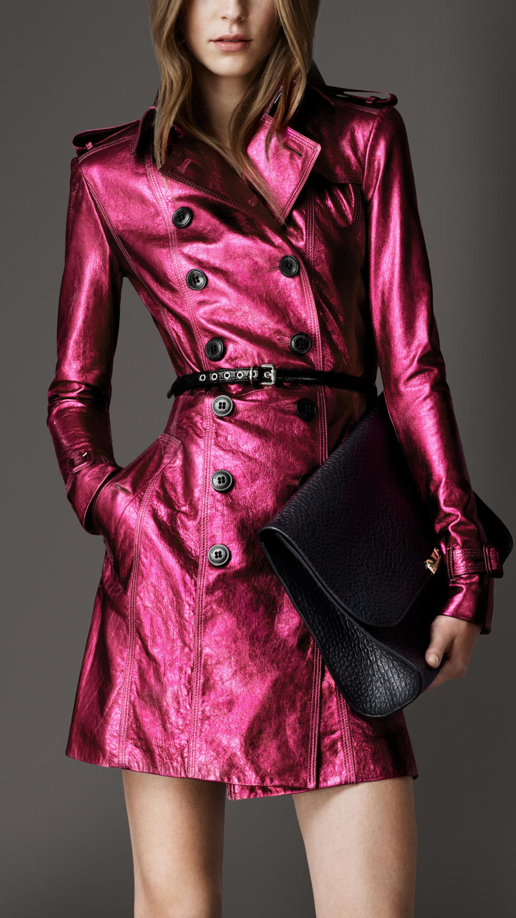 Burberry Midlength Metallic Leather Trench Coat in Pink | Lyst