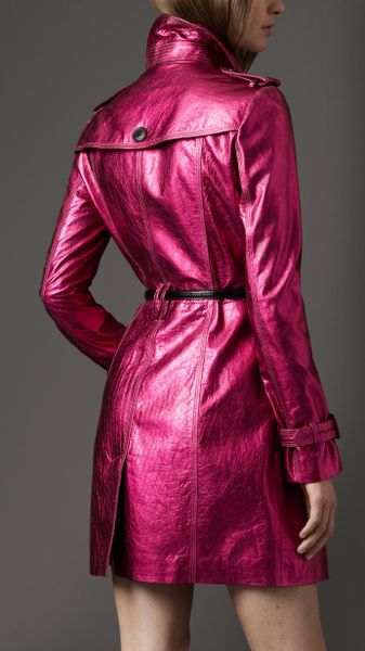 Burberry Midlength Metallic Leather Trench Coat in Pink (fuschia) | Lyst