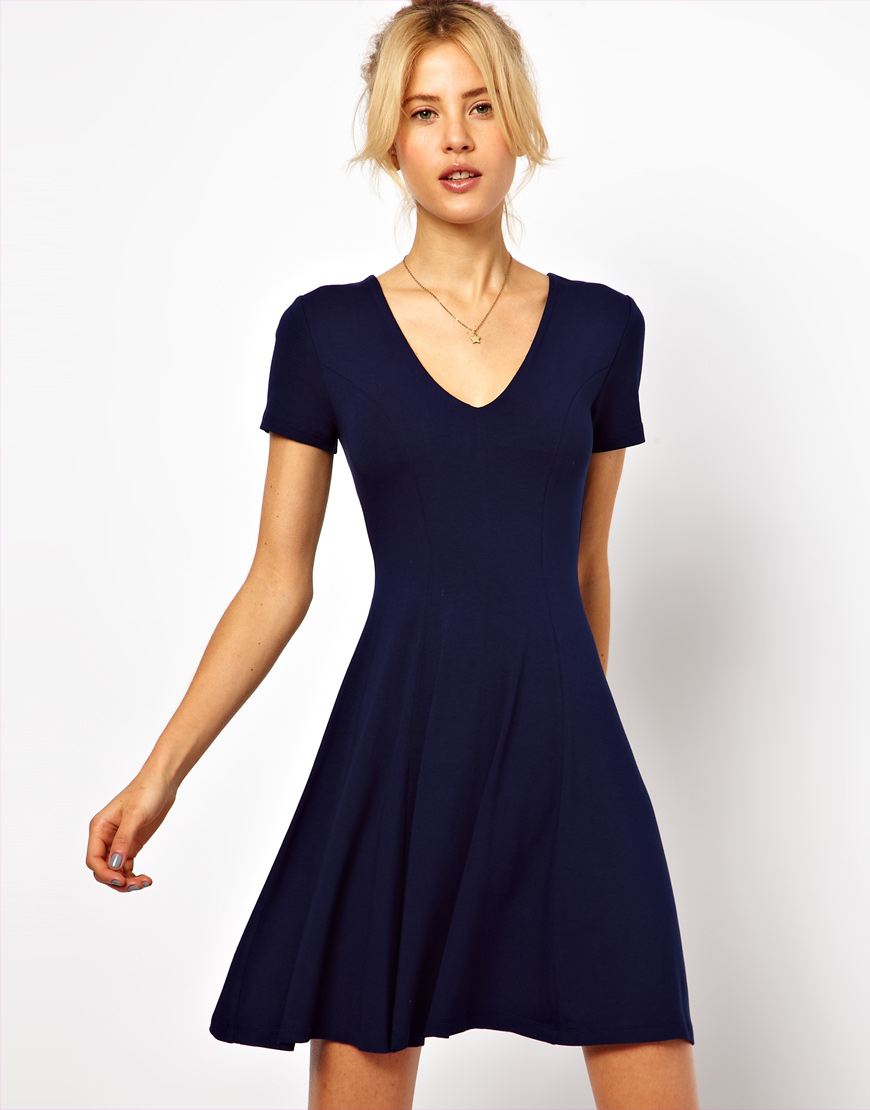 ASOS Skater Dress with V Neck and Short Sleeves in Navy (Blue) - Lyst