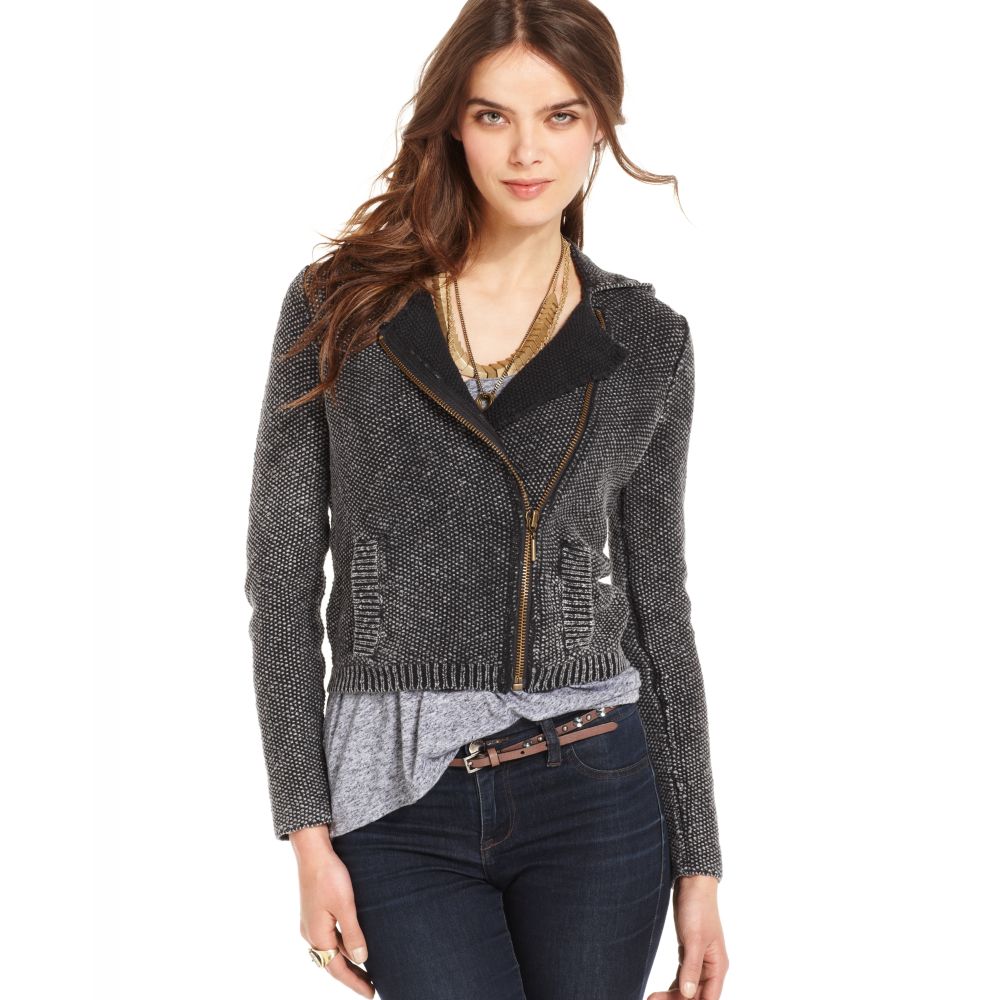 Lyst - Free people Knit Motorycle Sweater Jacket in Gray