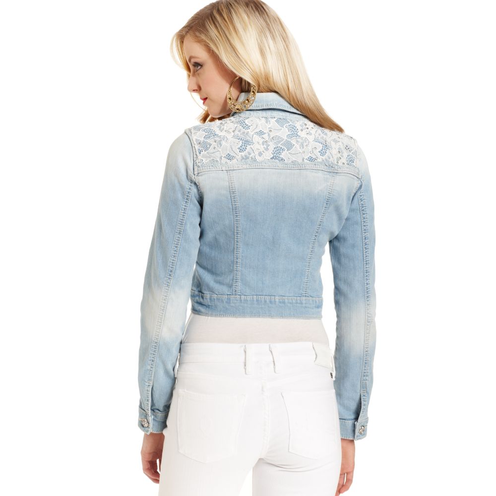 Miss Me Jacket Denim Lace Cropped Light Blue Wash - Lyst