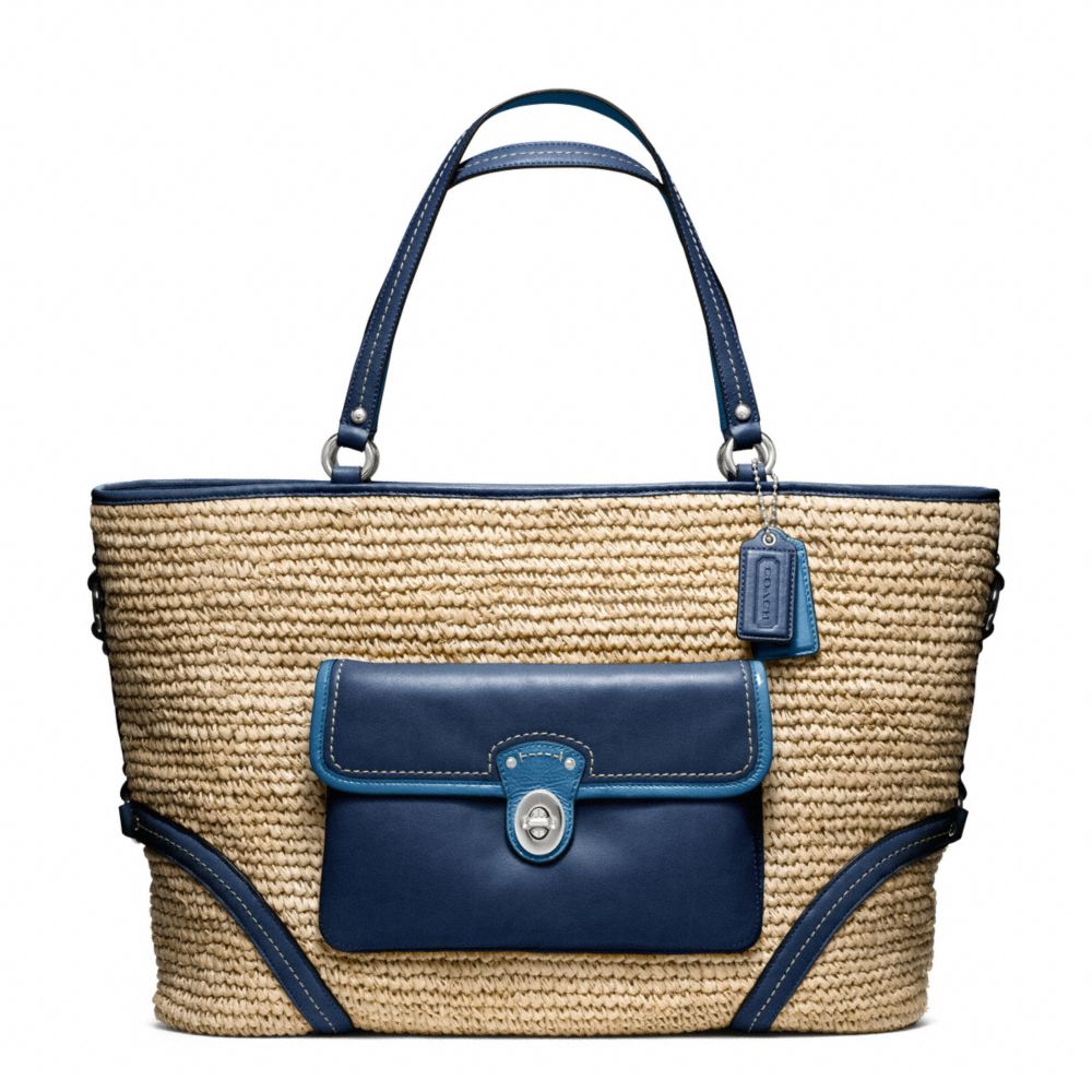 COACH Straw Pocket Large Tote in sv/Natural/Navy (Blue) Lyst