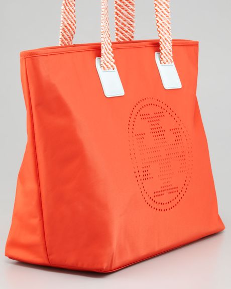 Tory Burch Perforated Logo Eastwest Nylon Tote Bag in Red