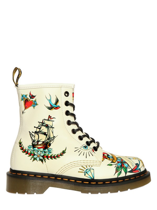 Dr Martens Dr Martens Louie Womens Leather Tattoo Print 8-Eyelet Boots -  Winter White