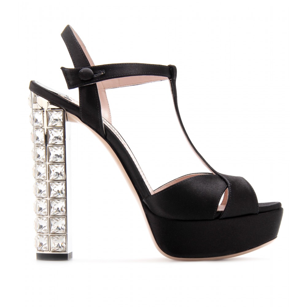 Miu Miu Platform Sandals with Embellished Heel in Nero (Black) - Lyst