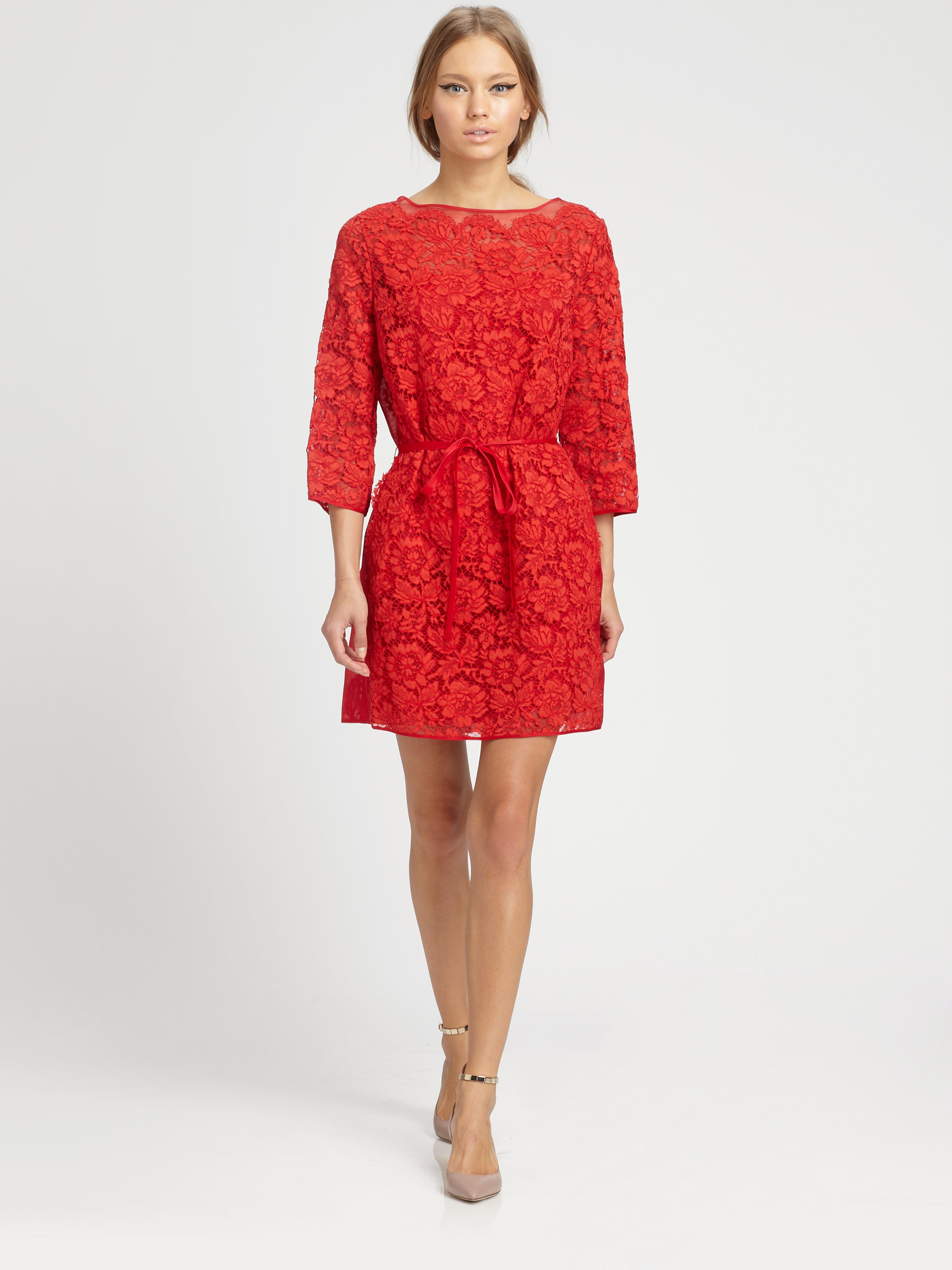 Valentino Lace Overlay Dress in Red - Lyst