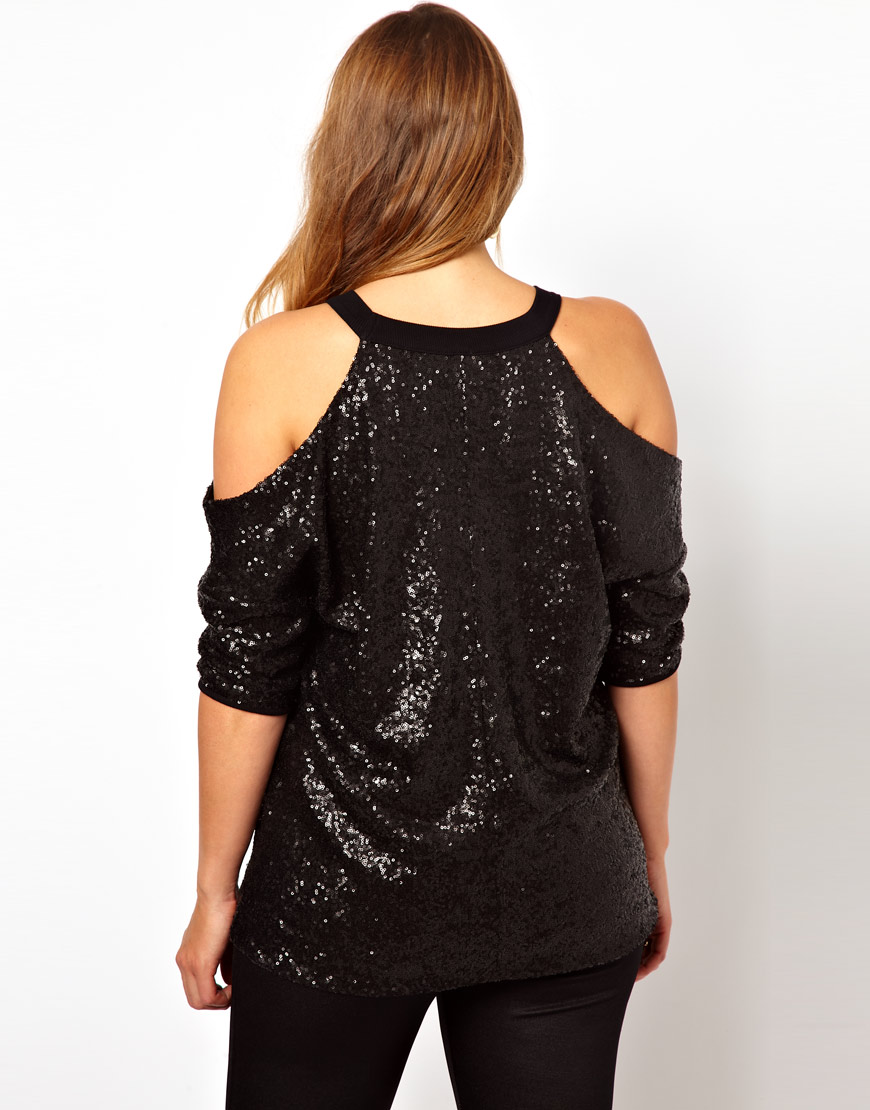 ASOS Cold Shoulder Top in Sequin in Black - Lyst