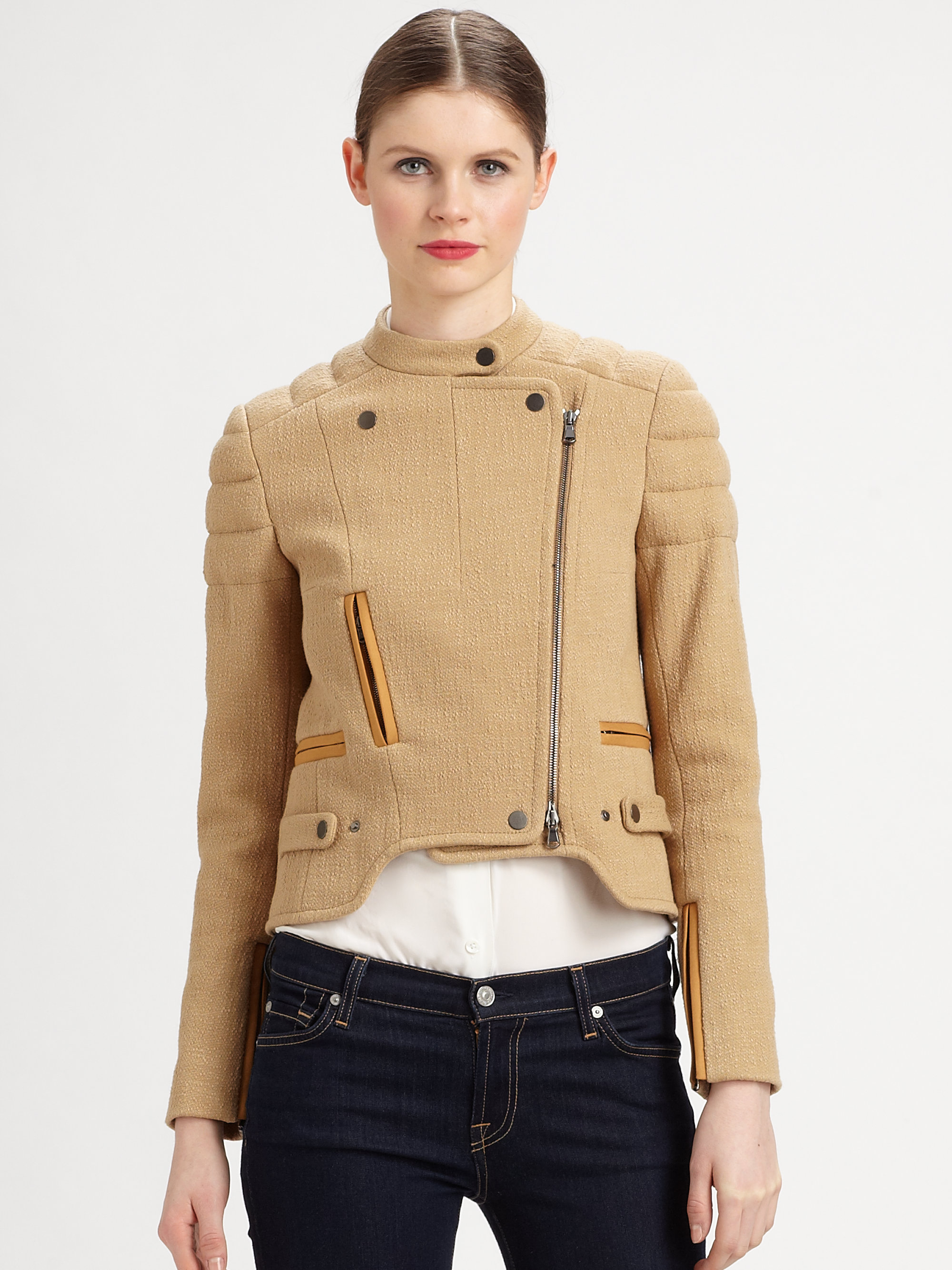 Carven Quilted Cotton Moto Jacket in Beige Lyst