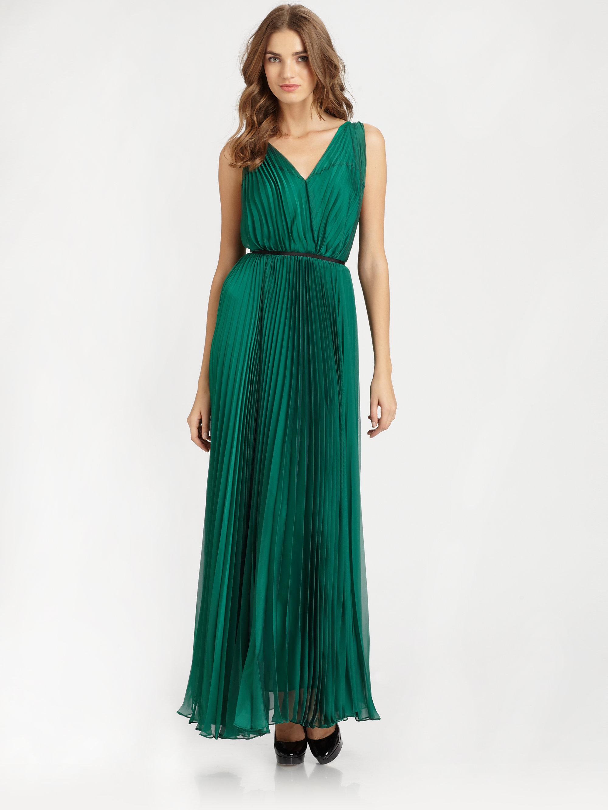 Halston Pleated Gown in Green | Lyst