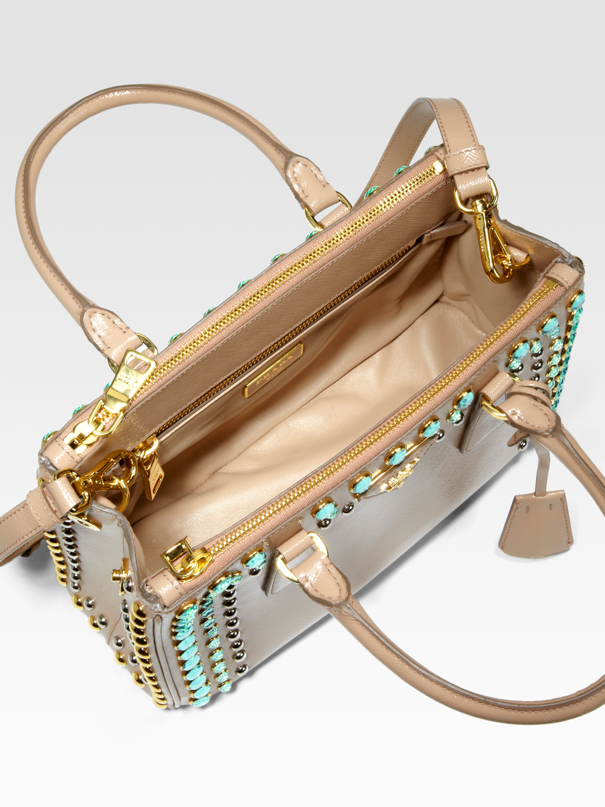 Prada Saffiano Vernice Studded Gardner Tote in Beige (cammeo-blush ...