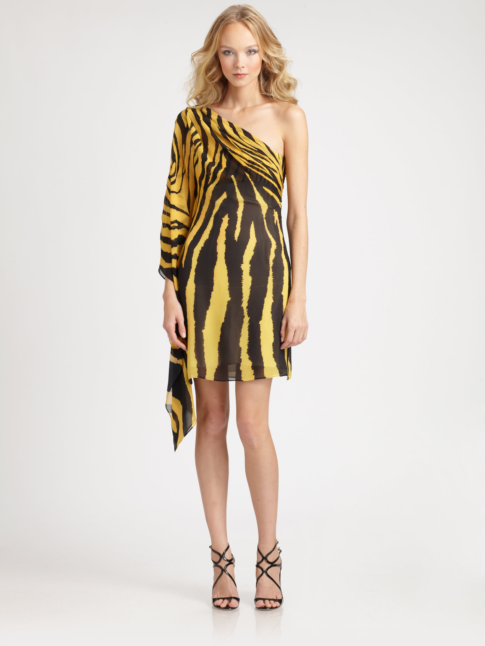 Roberto Cavalli Silk Georgette Zebra Print Dress in Yellow - Lyst