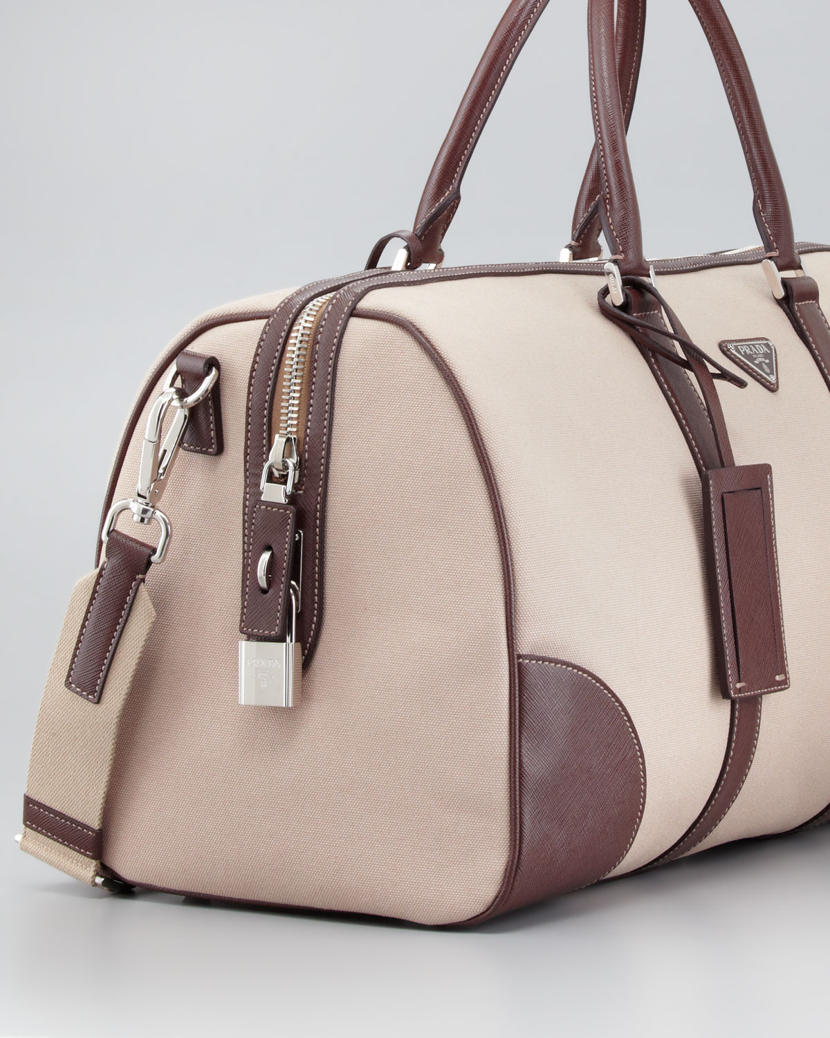 Prada Canvas Leather Trim Duffle Bag in Beige/Brown (Natural) for Men - Lyst