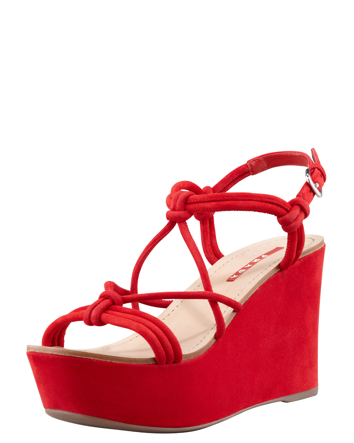 red strappy wedge sandals
