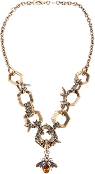 Alexander Mcqueen Hexagon and Bee Skull Necklace in Gold | Lyst