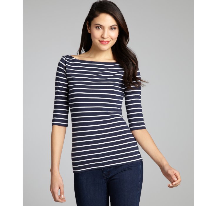 Lyst - French Connection Striped Cotton Blend Boat Neck Top in White