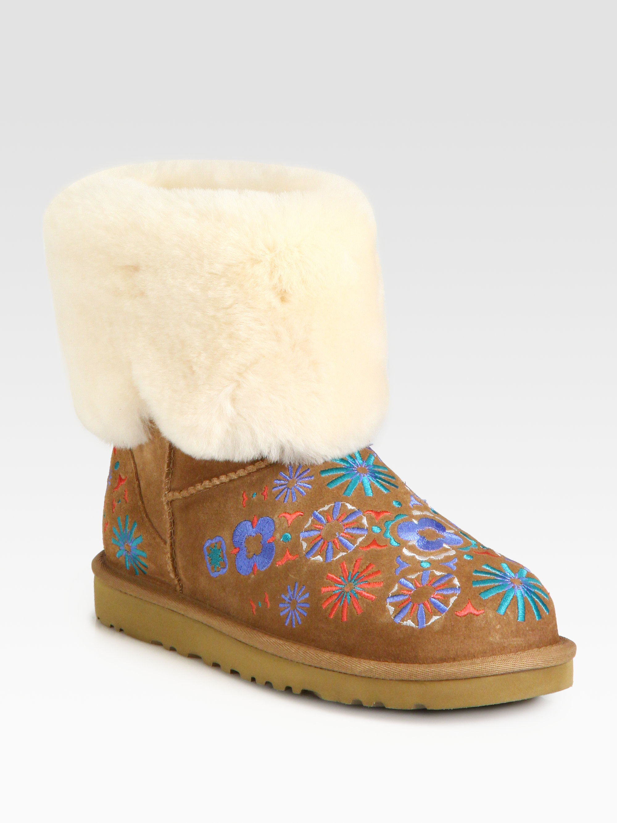 UGG Embroidered Suede Foldover Boots in 