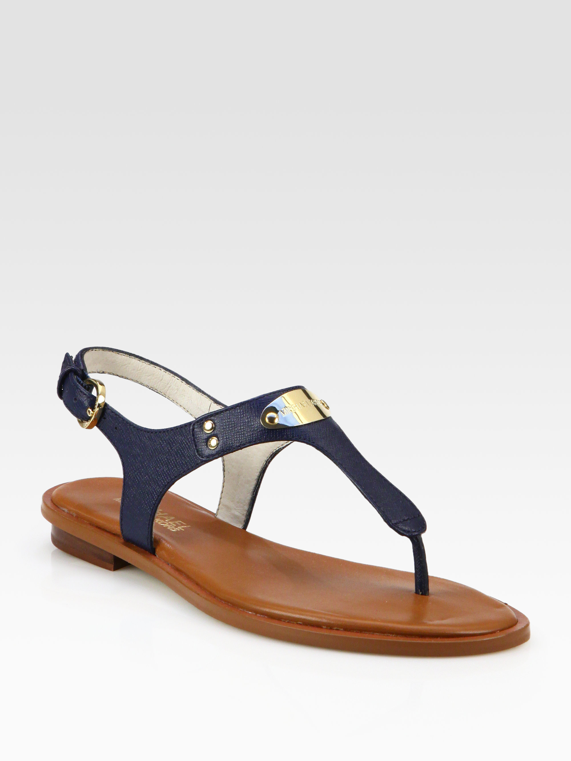 MICHAEL Michael Kors Mk Plate Textured Leather Thong Sandals in Navy (Blue)  - Lyst