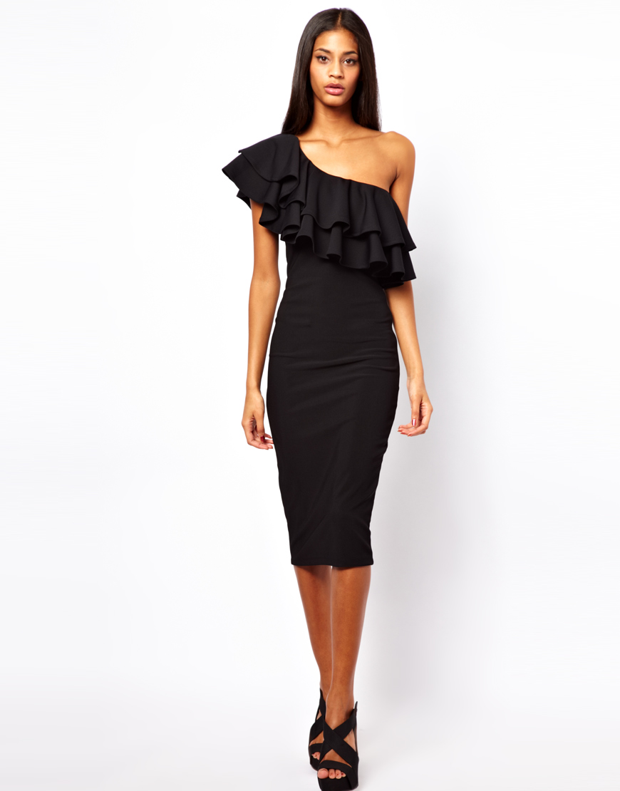 black one shoulder ruffle dress