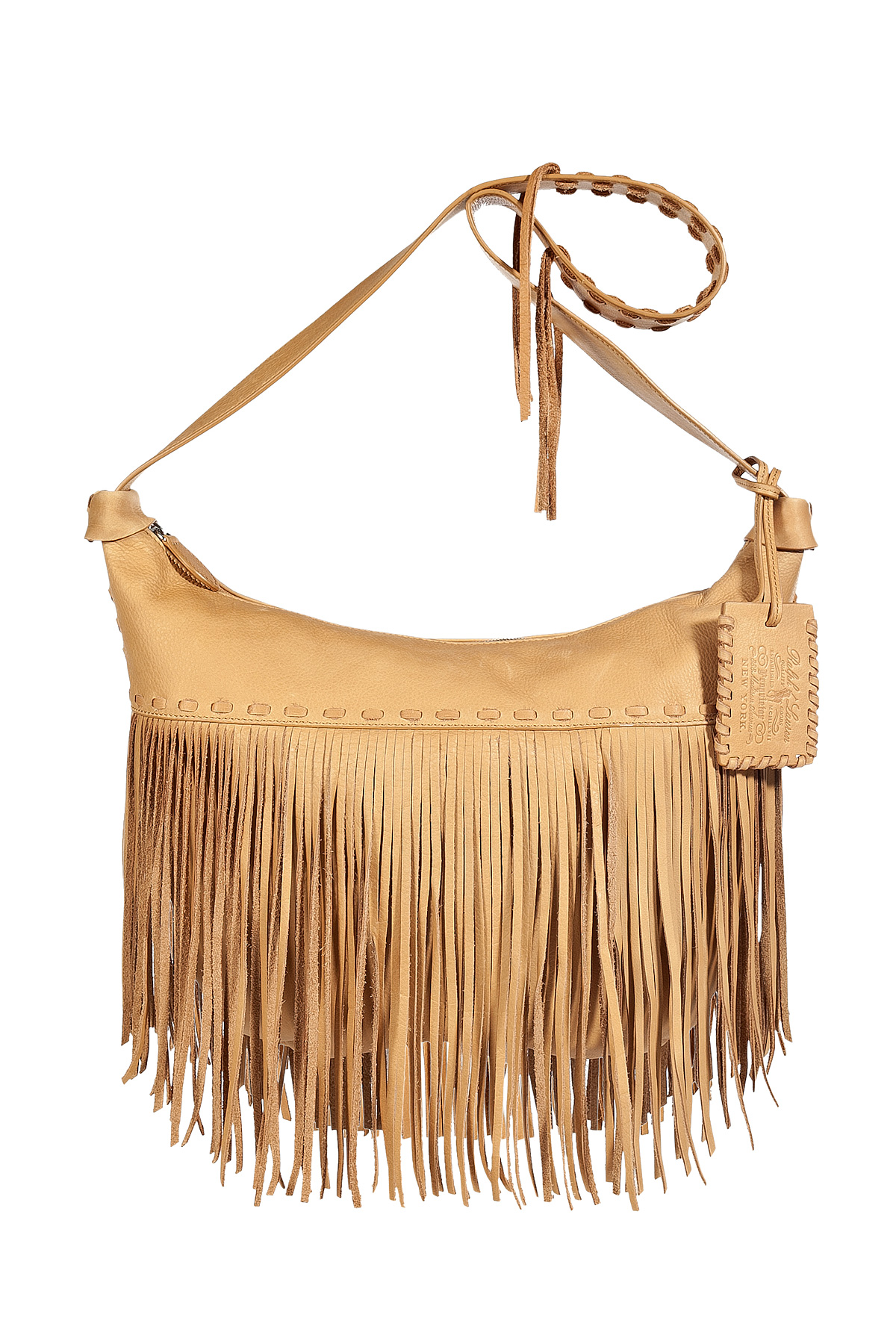 Ralph Lauren Collection Tan Tumbled Leather Fringe Zip Crossbody Bag in