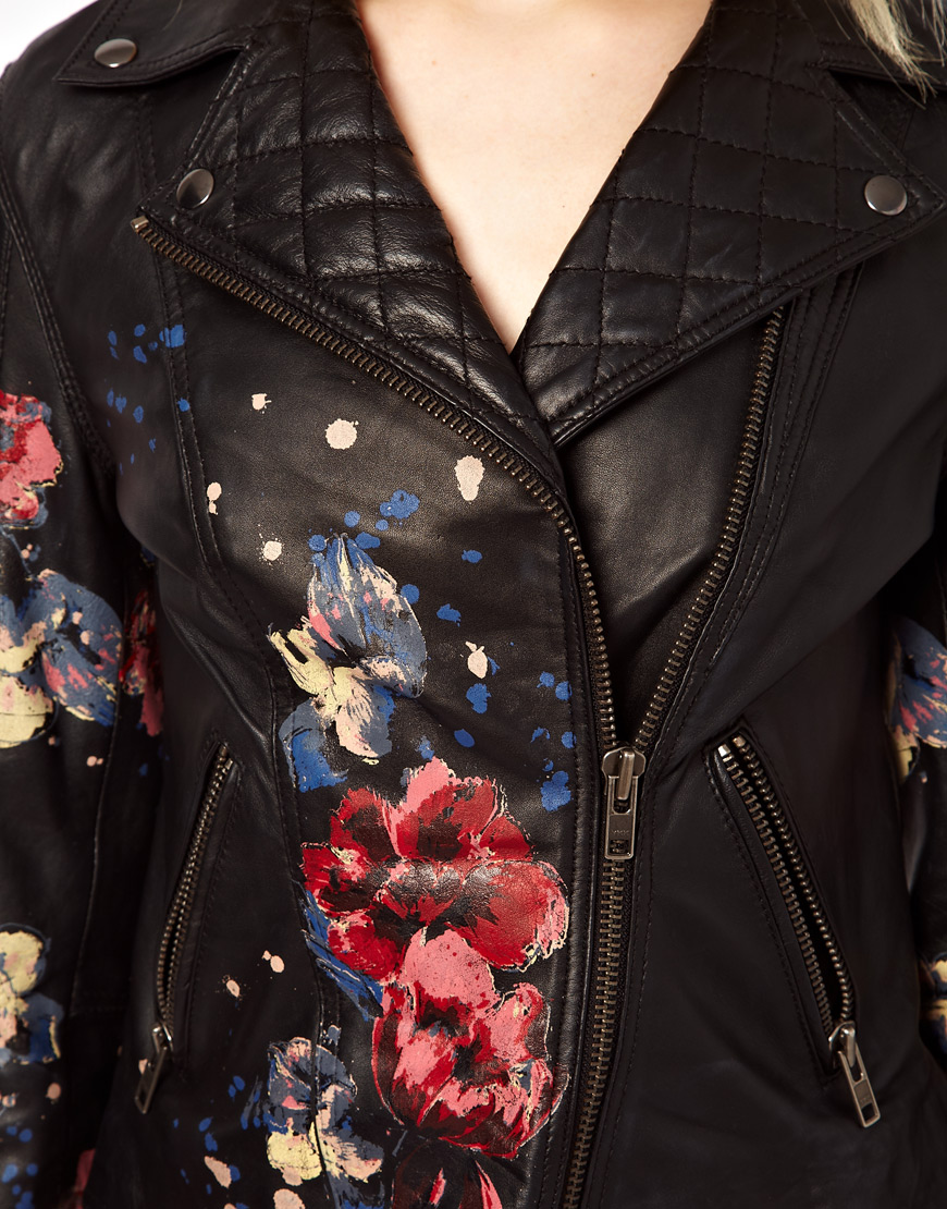 River Island Floral Hand Painted Leather Jacket in Black