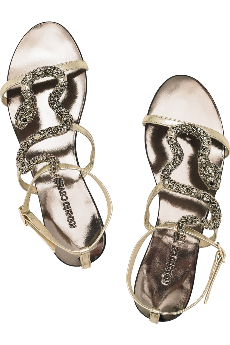 Roberto Cavalli Swarovski Crystal Snake and Leather Sandals in Gold ...