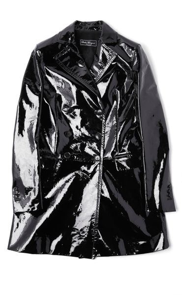 Ferragamo Double Breasted Patent Leather Coat in Black | Lyst