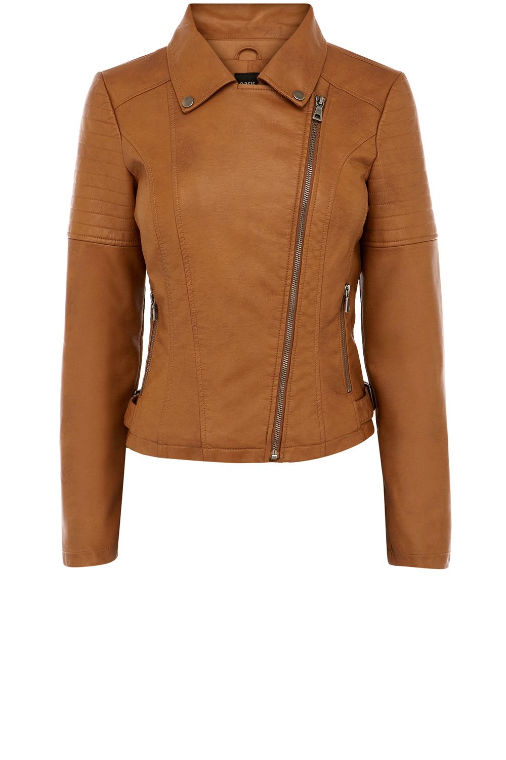 Oasis Becky Buckle Faux Leather Biker Jacket in Brown | Lyst