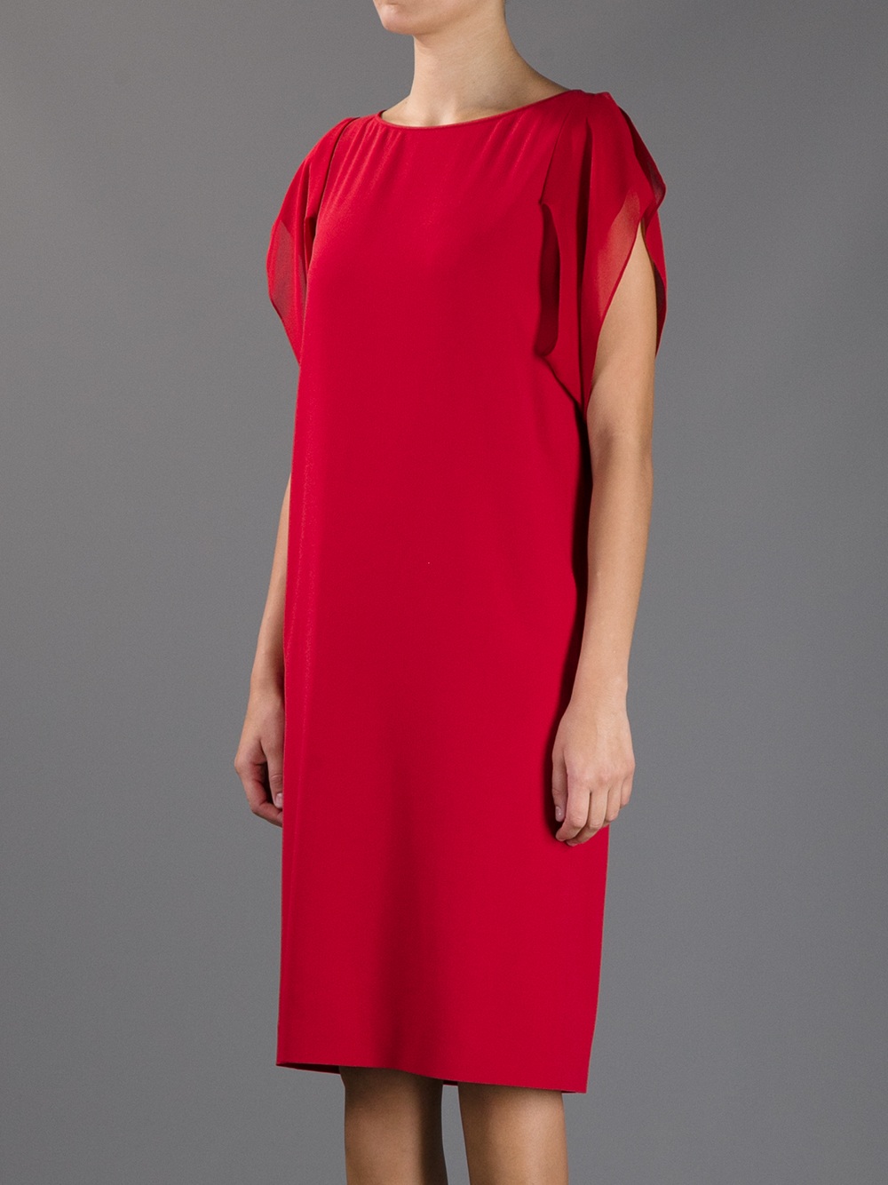 red silk shift dress