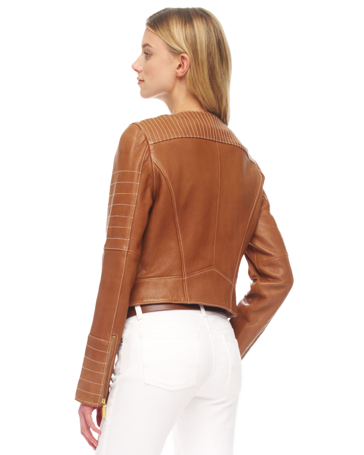 Michael Kors Quilted Leather Biker Jacket in Brown | Lyst
