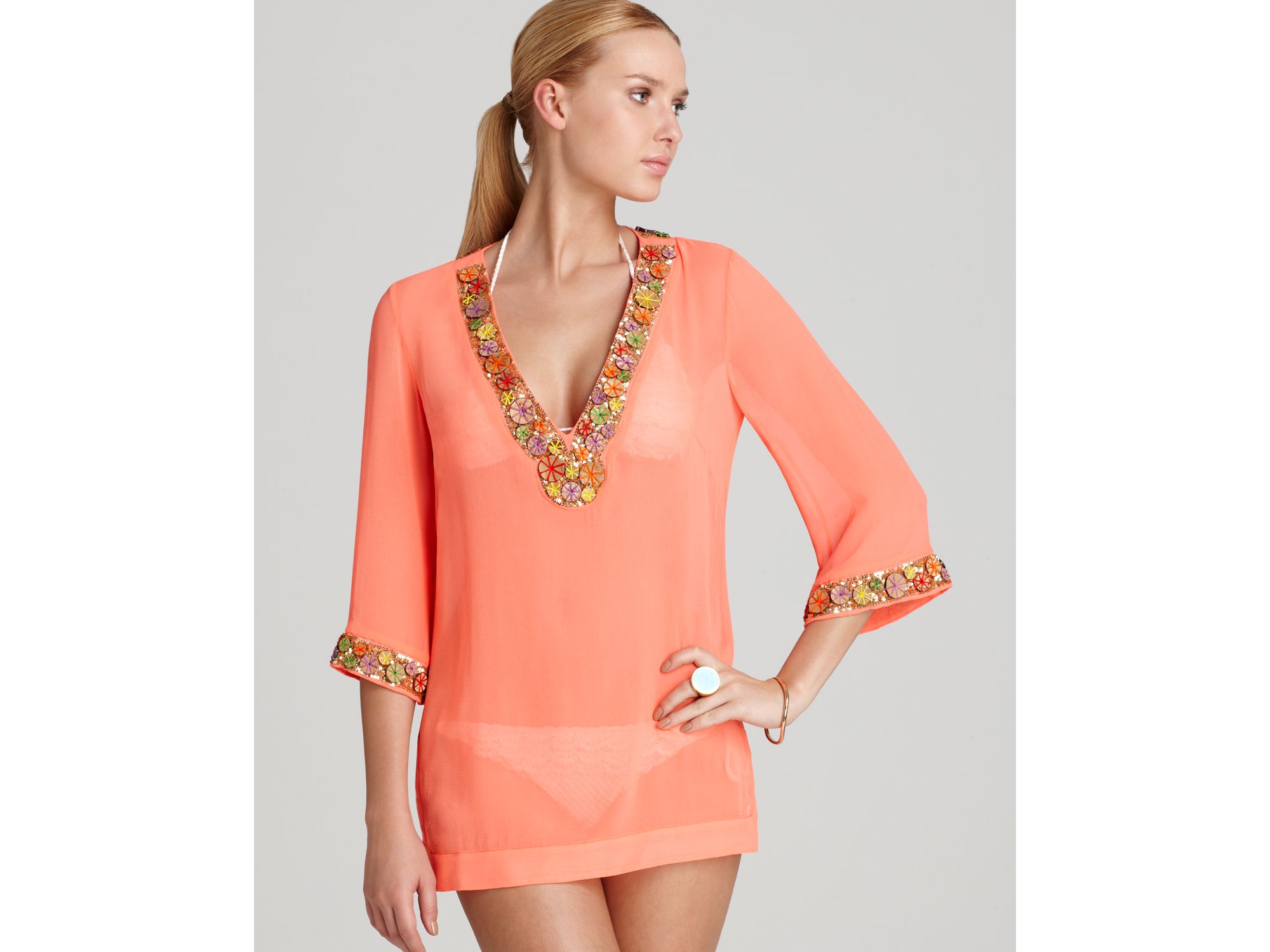 Lyst Milly Embellished Chiffon Catalina Beaded Tunic Swim Coverup in Pink