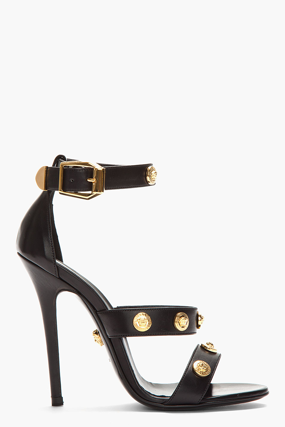 Versace Leather Signature Medusa High Heel Sandal Black/light Gold - Lyst