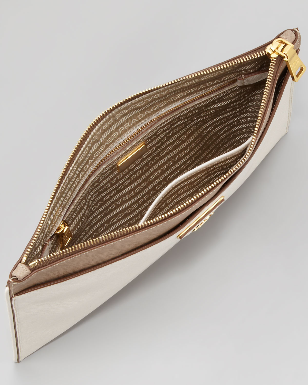Prada Saffiano Lux Bicolor Zip Clutch in White (white/taupe) | Lyst